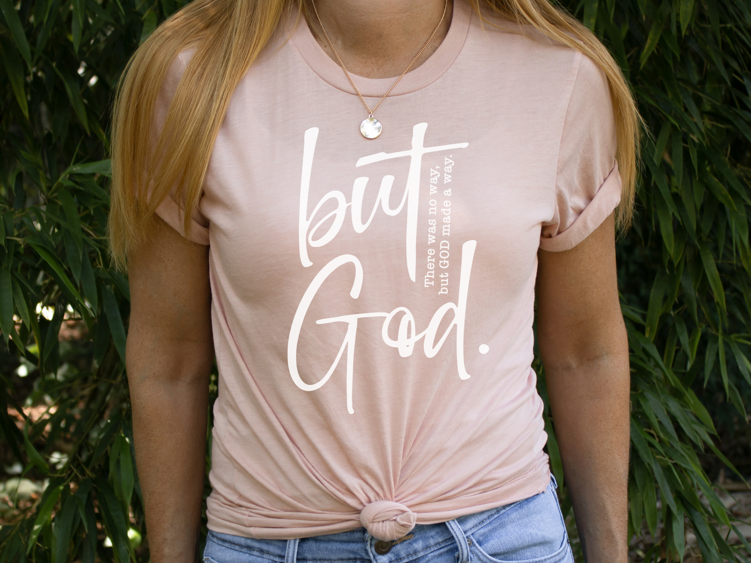 But God design on peach color t-shirt