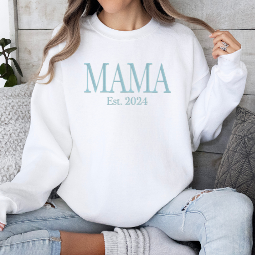 Embroidered Mama With Year Established Crewneck Sweatshirt