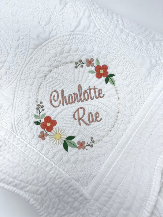 Personalized Baby Heirloom Quilt with Floral Wreath