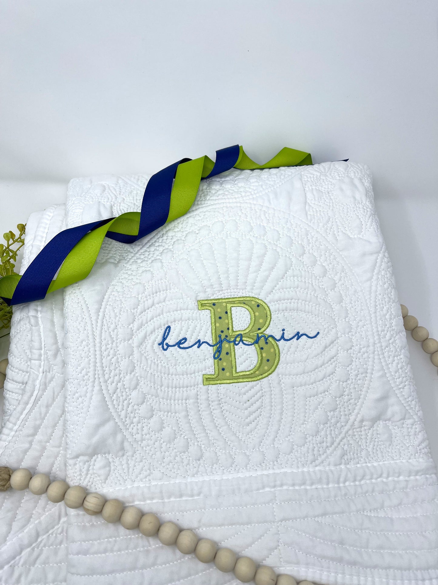 Embroidered Heirloom Baby Quilt with Applique Letter