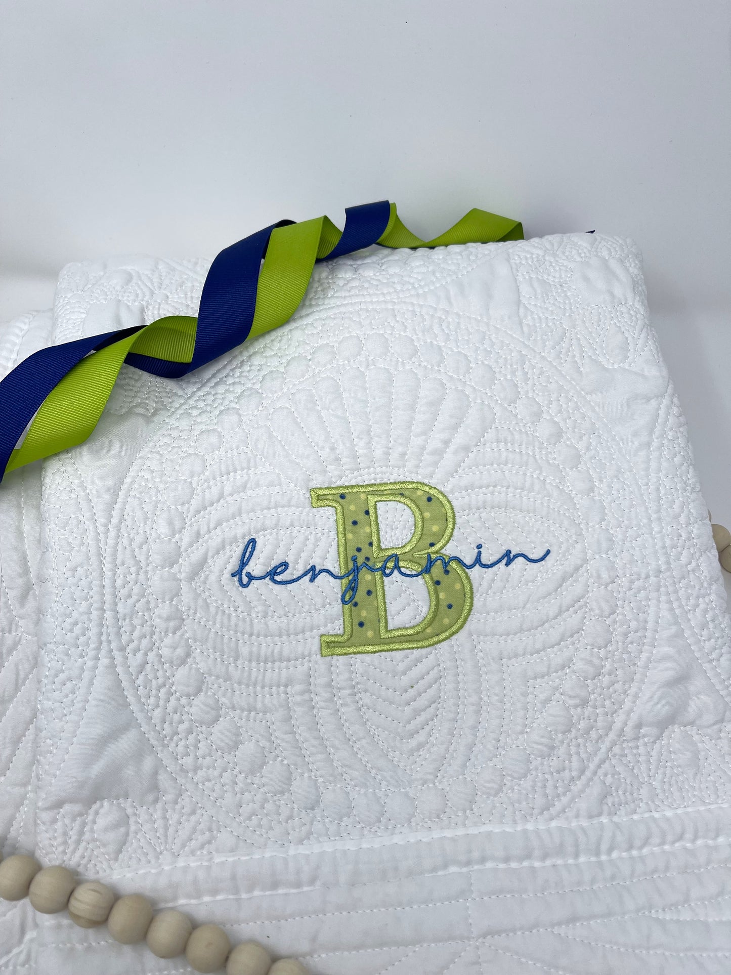 Embroidered Heirloom Baby Quilt with Applique Letter